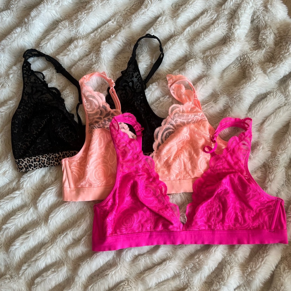 Victoria's Secret Lace Bralette Trio - Black, Peach, Fuchsia